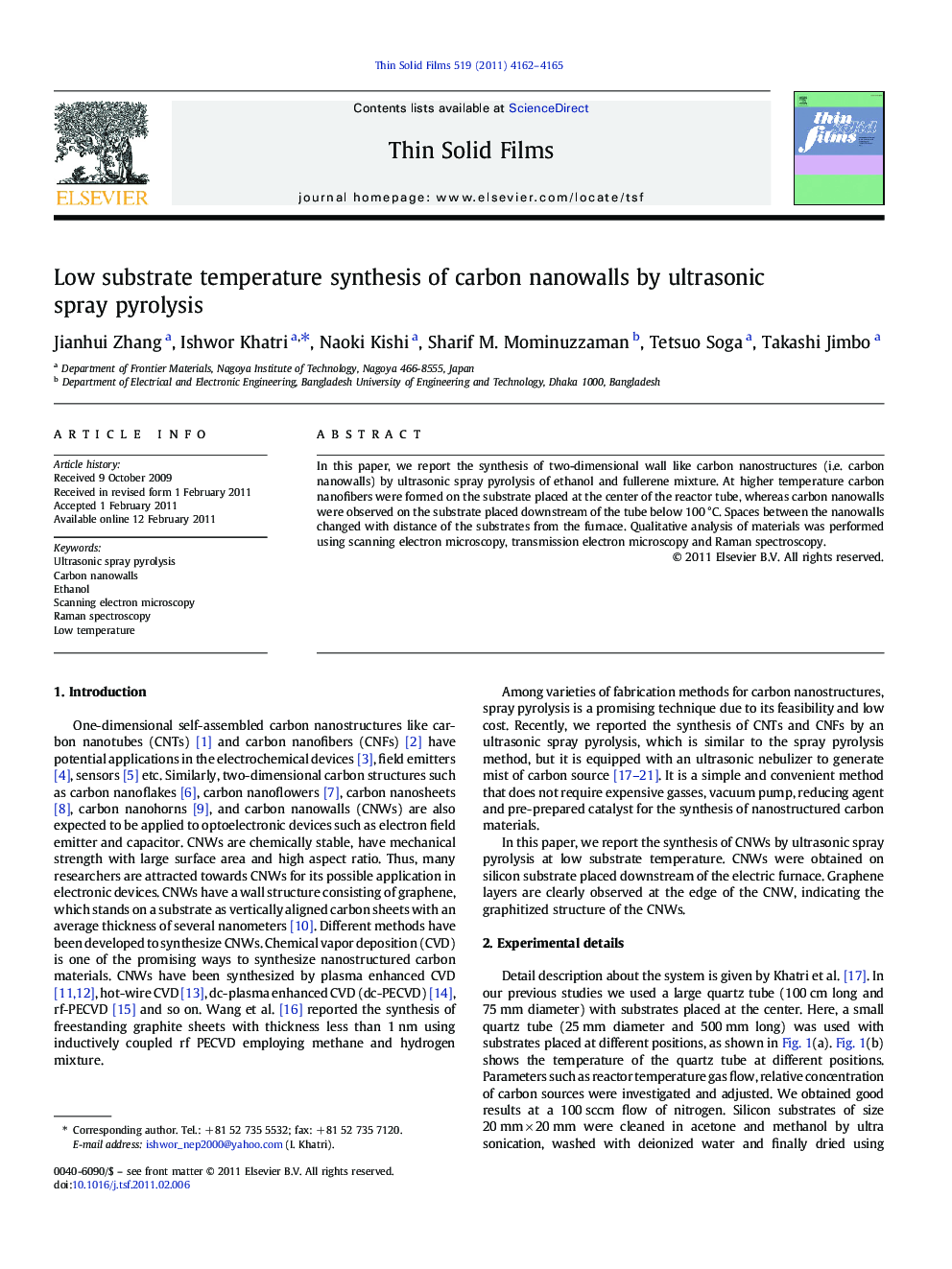 Low substrate temperature synthesis of carbon nanowalls by ultrasonic spray pyrolysis