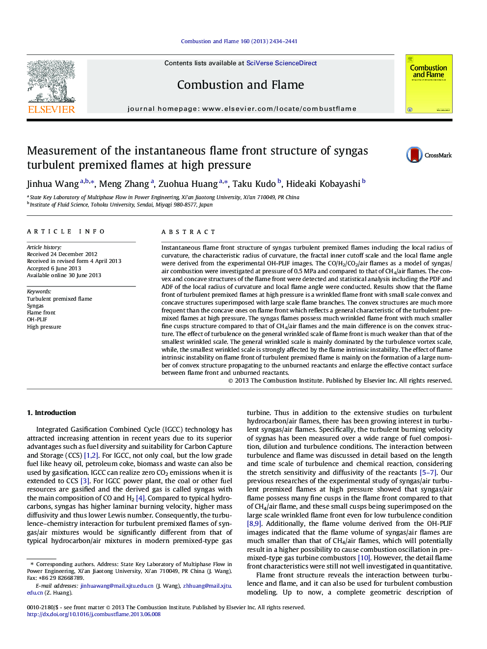 Measurement of the instantaneous flame front structure of syngas turbulent premixed flames at high pressure