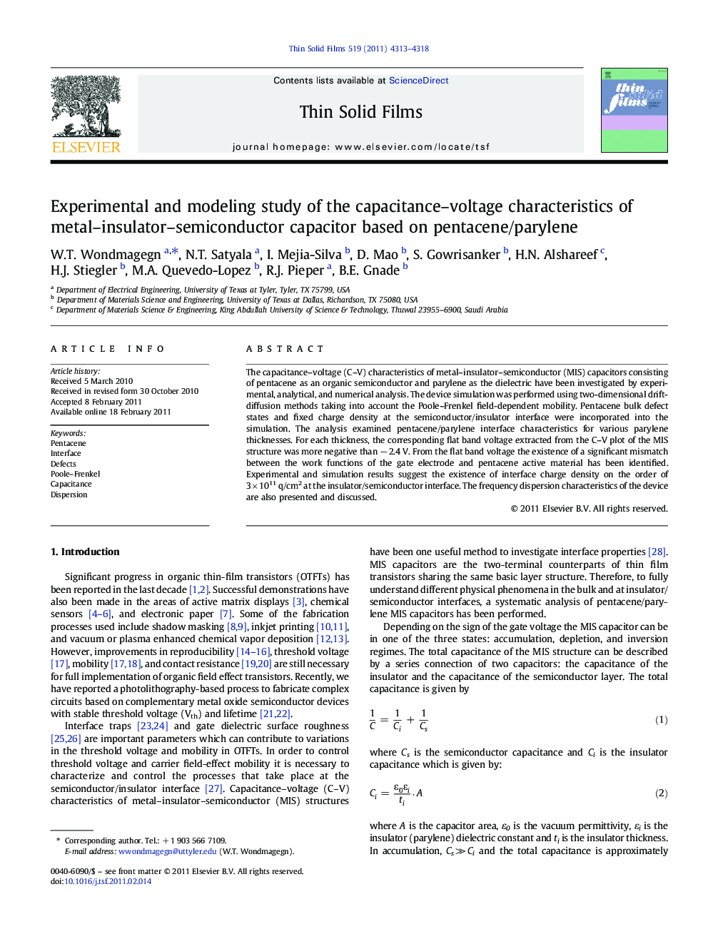 Experimental and modeling study of the capacitance–voltage characteristics of metal–insulator–semiconductor capacitor based on pentacene/parylene