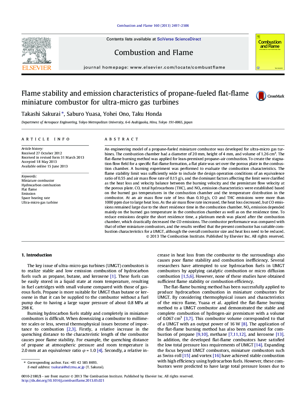 Flame stability and emission characteristics of propane-fueled flat-flame miniature combustor for ultra-micro gas turbines