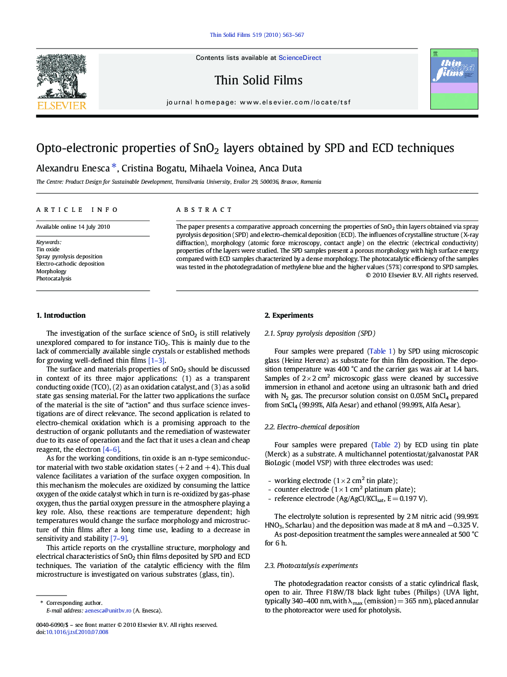 Opto-electronic properties of SnO2 layers obtained by SPD and ECD techniques