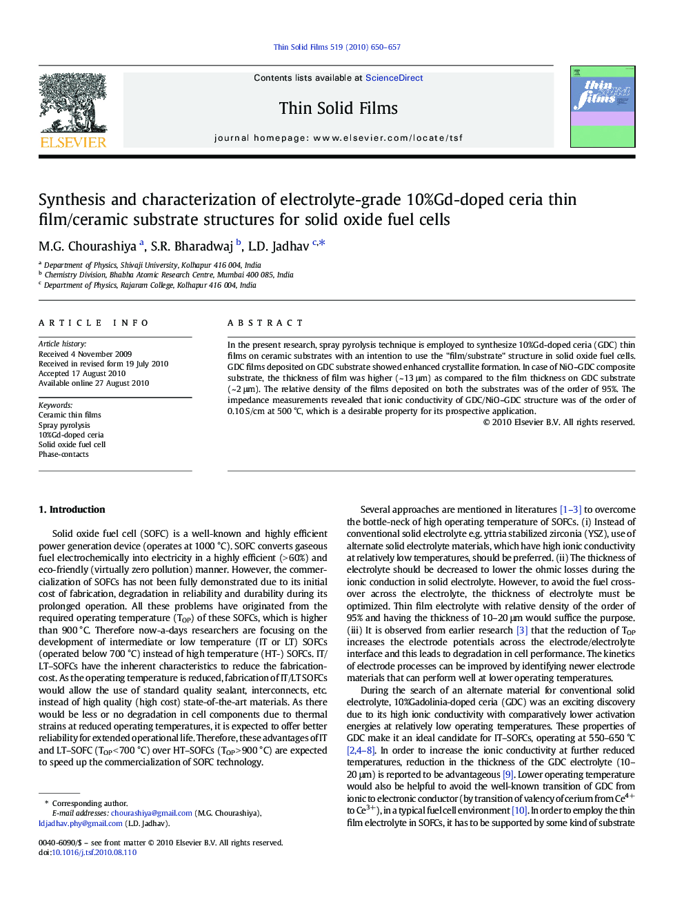 Synthesis and characterization of electrolyte-grade 10%Gd-doped ceria thin film/ceramic substrate structures for solid oxide fuel cells