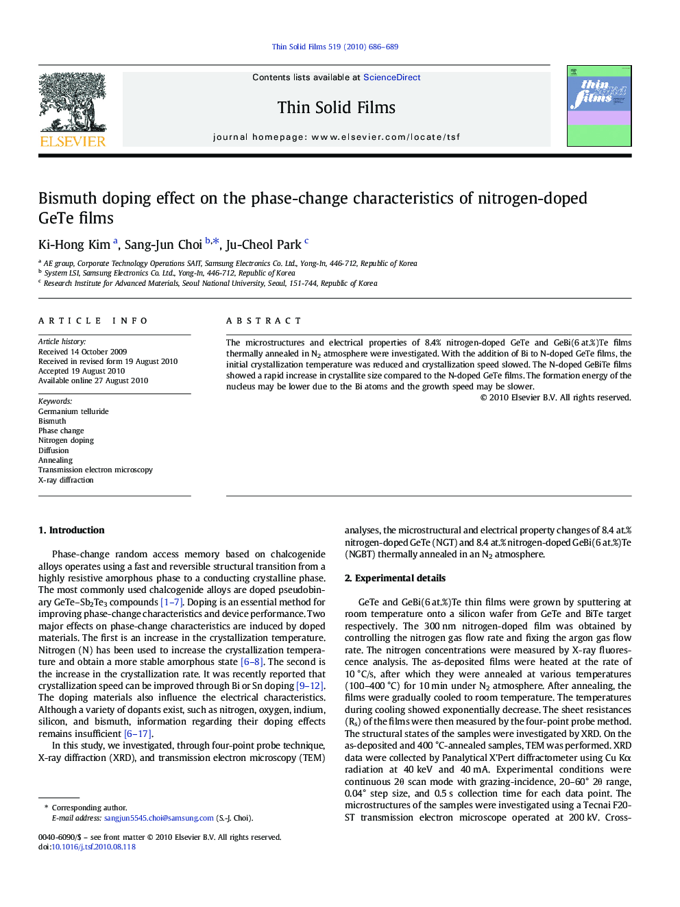 Bismuth doping effect on the phase-change characteristics of nitrogen-doped GeTe films