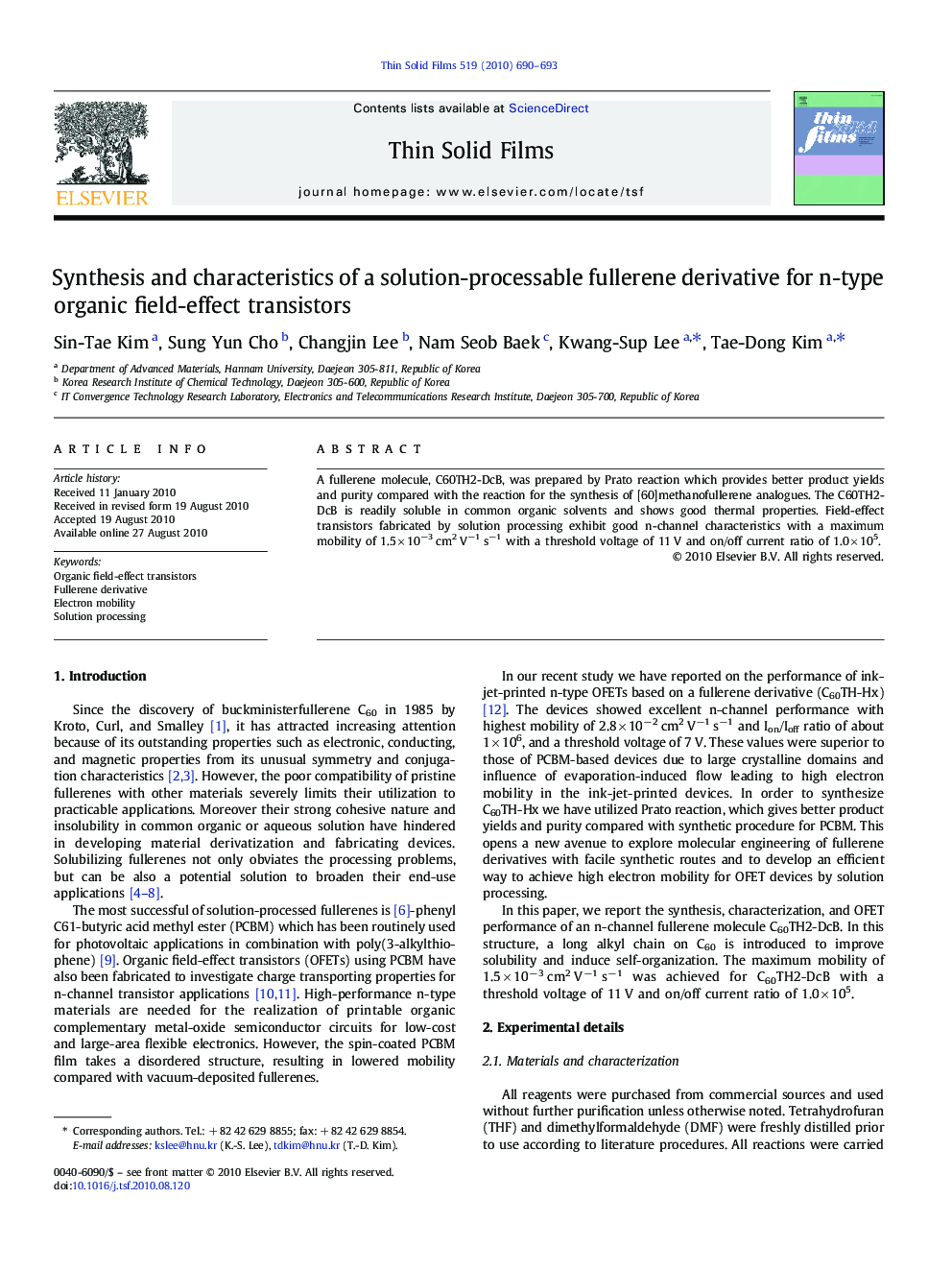 Synthesis and characteristics of a solution-processable fullerene derivative for n-type organic field-effect transistors