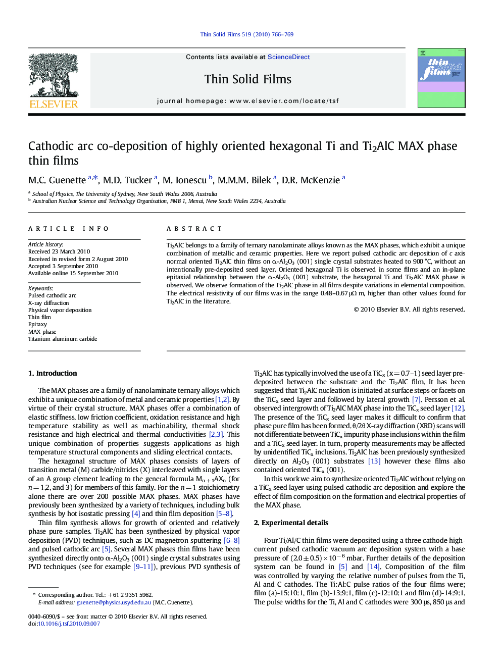 Cathodic arc co-deposition of highly oriented hexagonal Ti and Ti2AlC MAX phase thin films