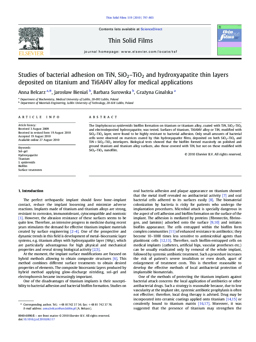 Studies of bacterial adhesion on TiN, SiO2–TiO2 and hydroxyapatite thin layers deposited on titanium and Ti6Al4V alloy for medical applications