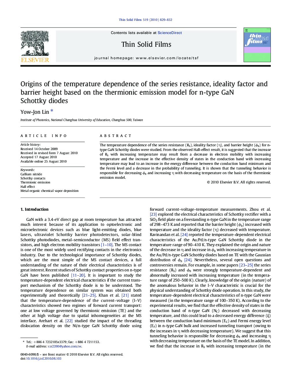 Origins of the temperature dependence of the series resistance, ideality factor and barrier height based on the thermionic emission model for n-type GaN Schottky diodes