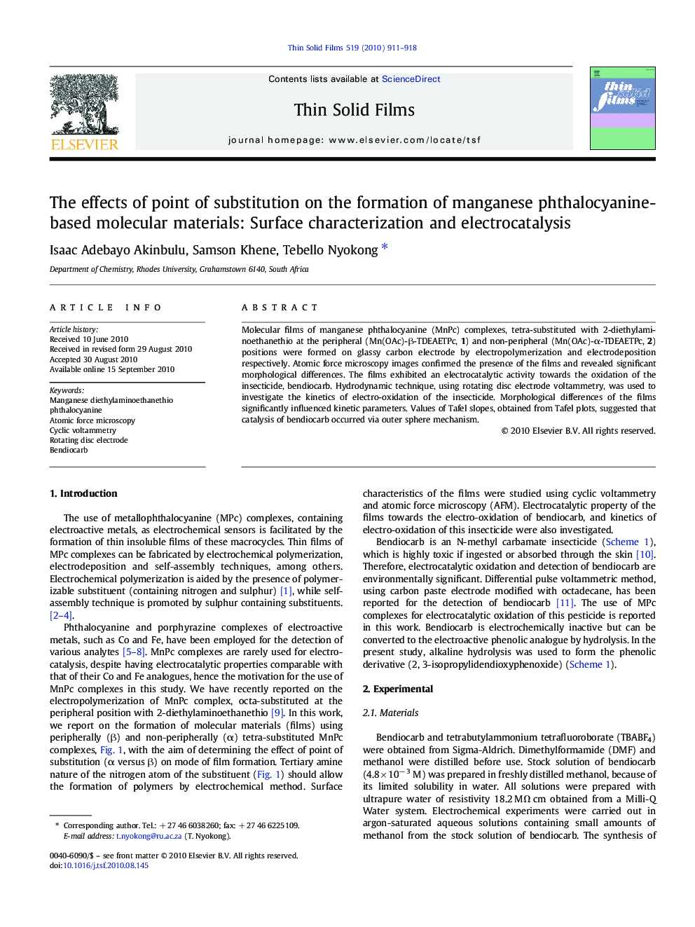 The effects of point of substitution on the formation of manganese phthalocyanine-based molecular materials: Surface characterization and electrocatalysis