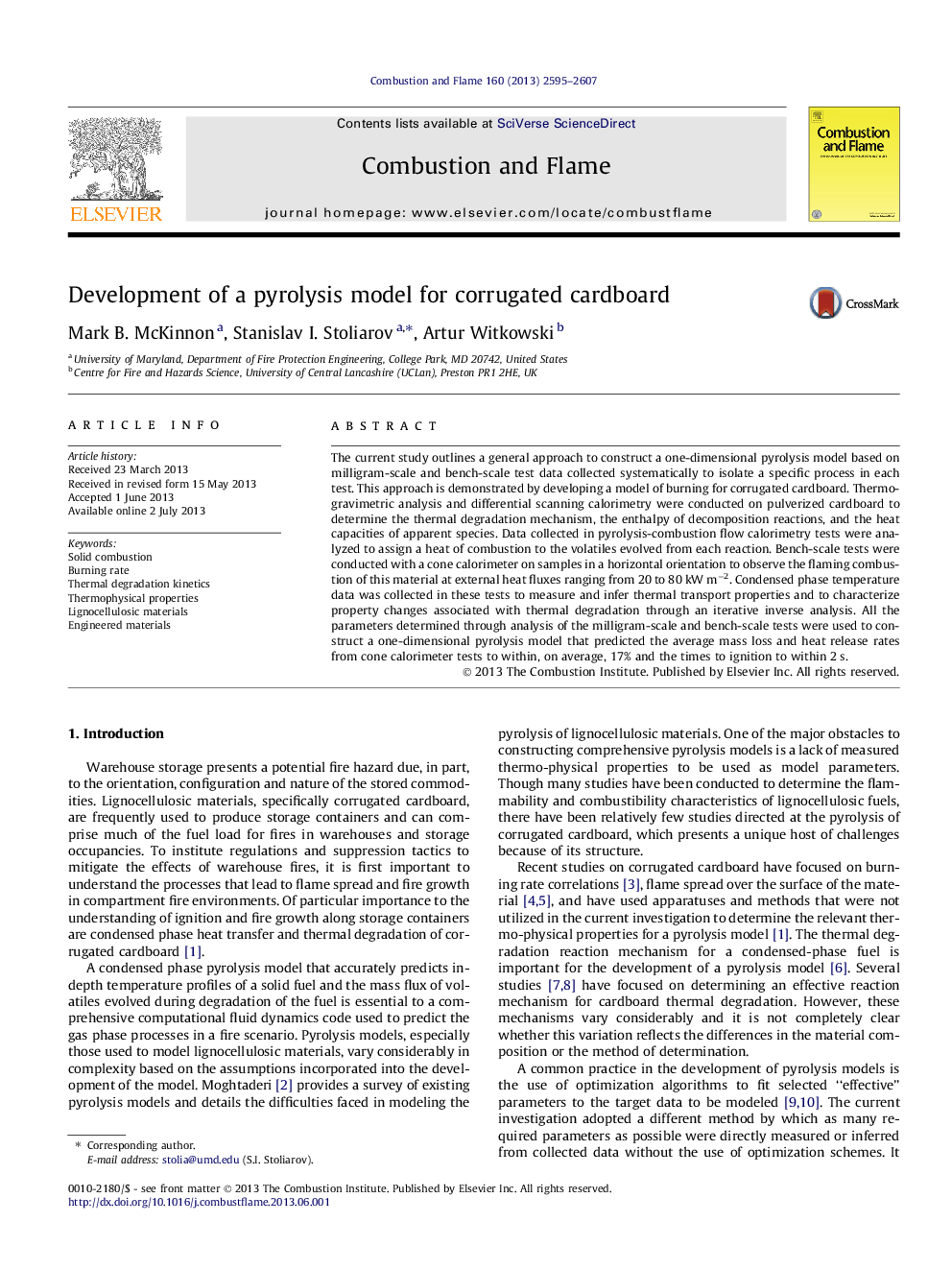 عکس صفحه اول مقاله: Development of a pyrolysis model for corrugated cardboard Development of a pyrolysis model for corrugated cardboard