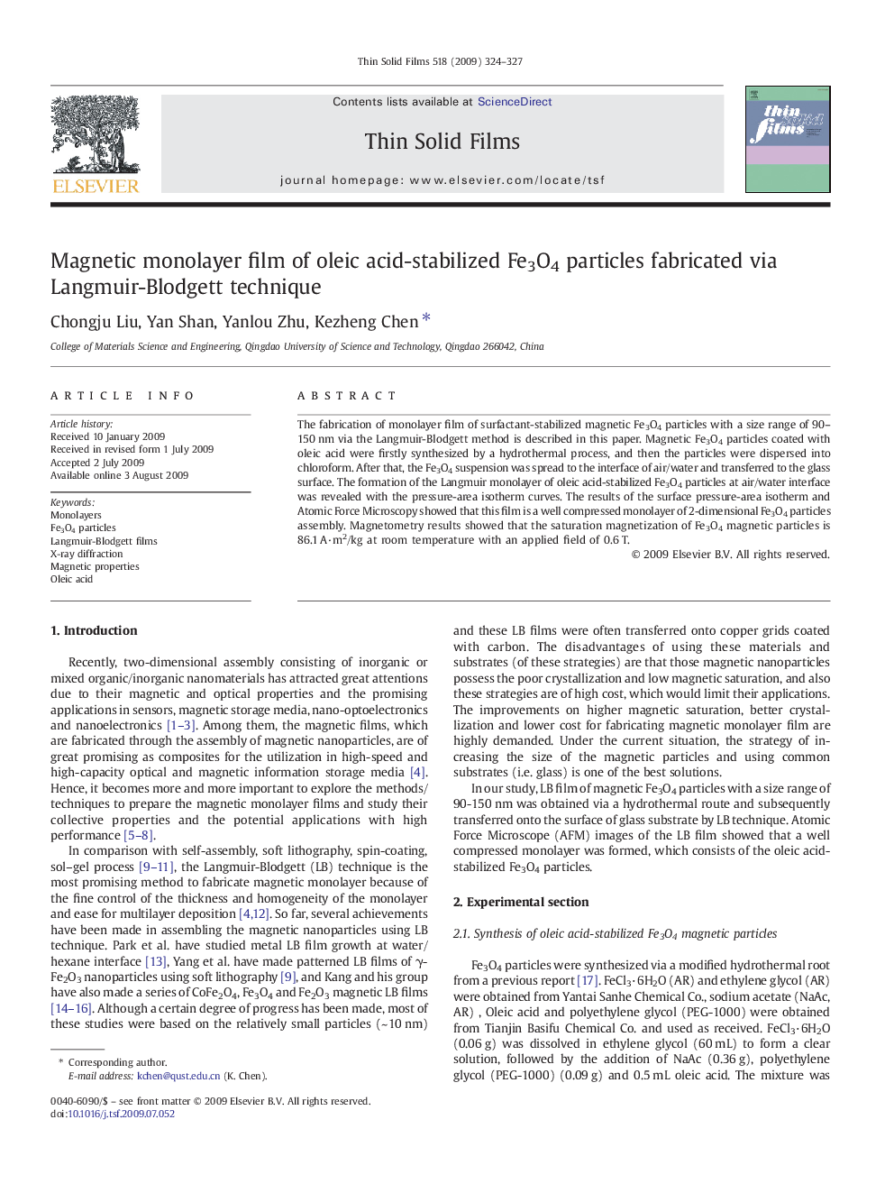 عکس صفحه اول مقاله: Magnetic monolayer film of oleic acid-stabilized Fe3O4 particles fabricated via Langmuir-Blodgett technique Magnetic monolayer film of oleic acid-stabilized Fe3O4 particles fabricated via Langmuir-Blodgett technique