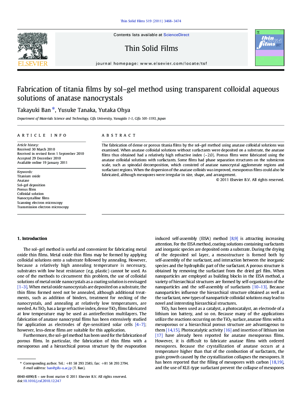 Fabrication of titania films by sol-gel method using transparent colloidal aqueous solutions of anatase nanocrystals