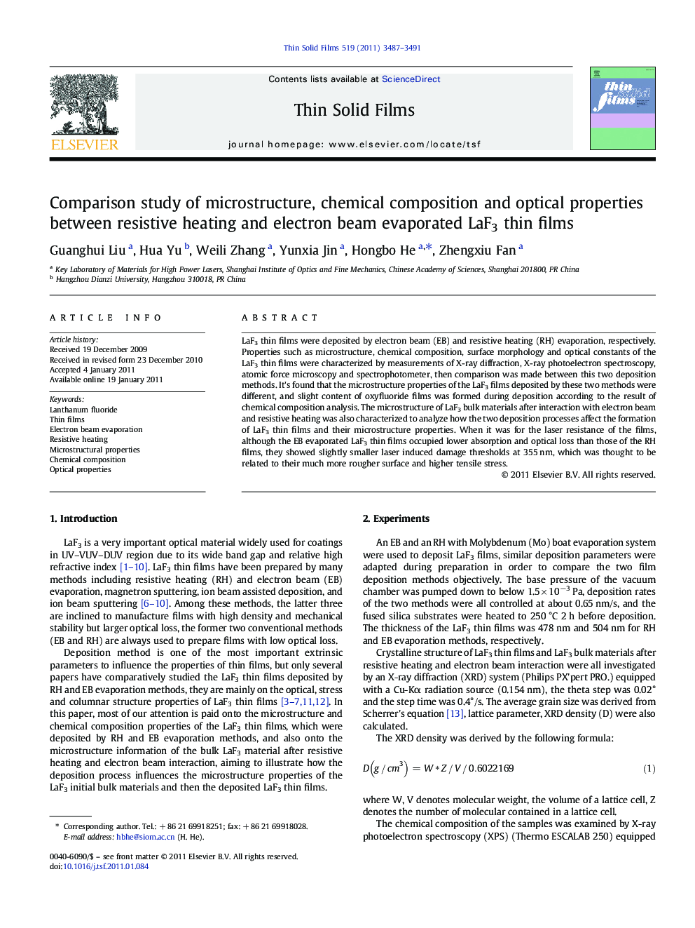 Comparison study of microstructure, chemical composition and optical properties between resistive heating and electron beam evaporated LaF3 thin films