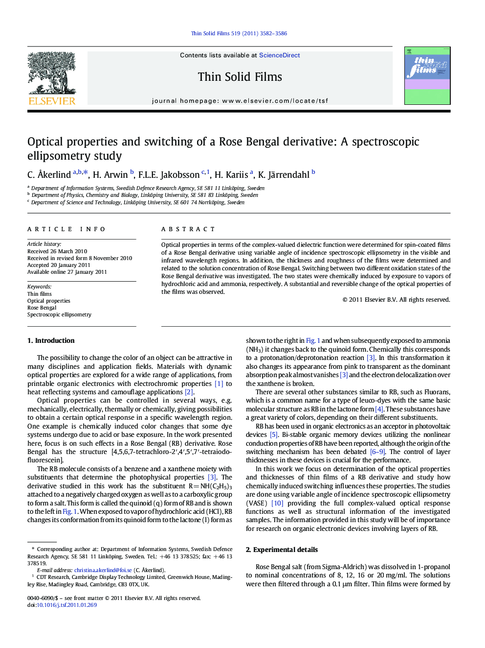 Optical properties and switching of a Rose Bengal derivative: A spectroscopic ellipsometry study