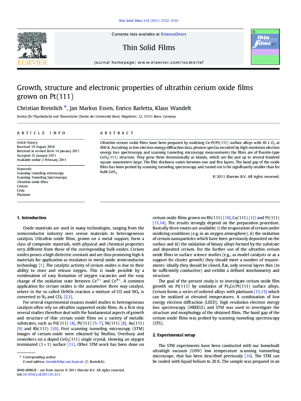 Growth, structure and electronic properties of ultrathin cerium oxide films grown on Pt(111)