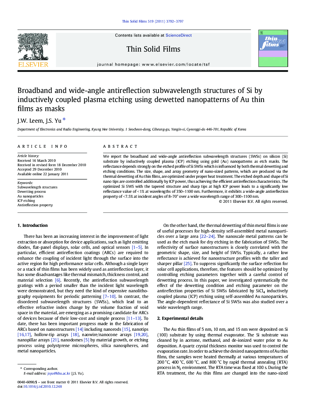 Broadband and wide-angle antireflection subwavelength structures of Si by inductively coupled plasma etching using dewetted nanopatterns of Au thin films as masks