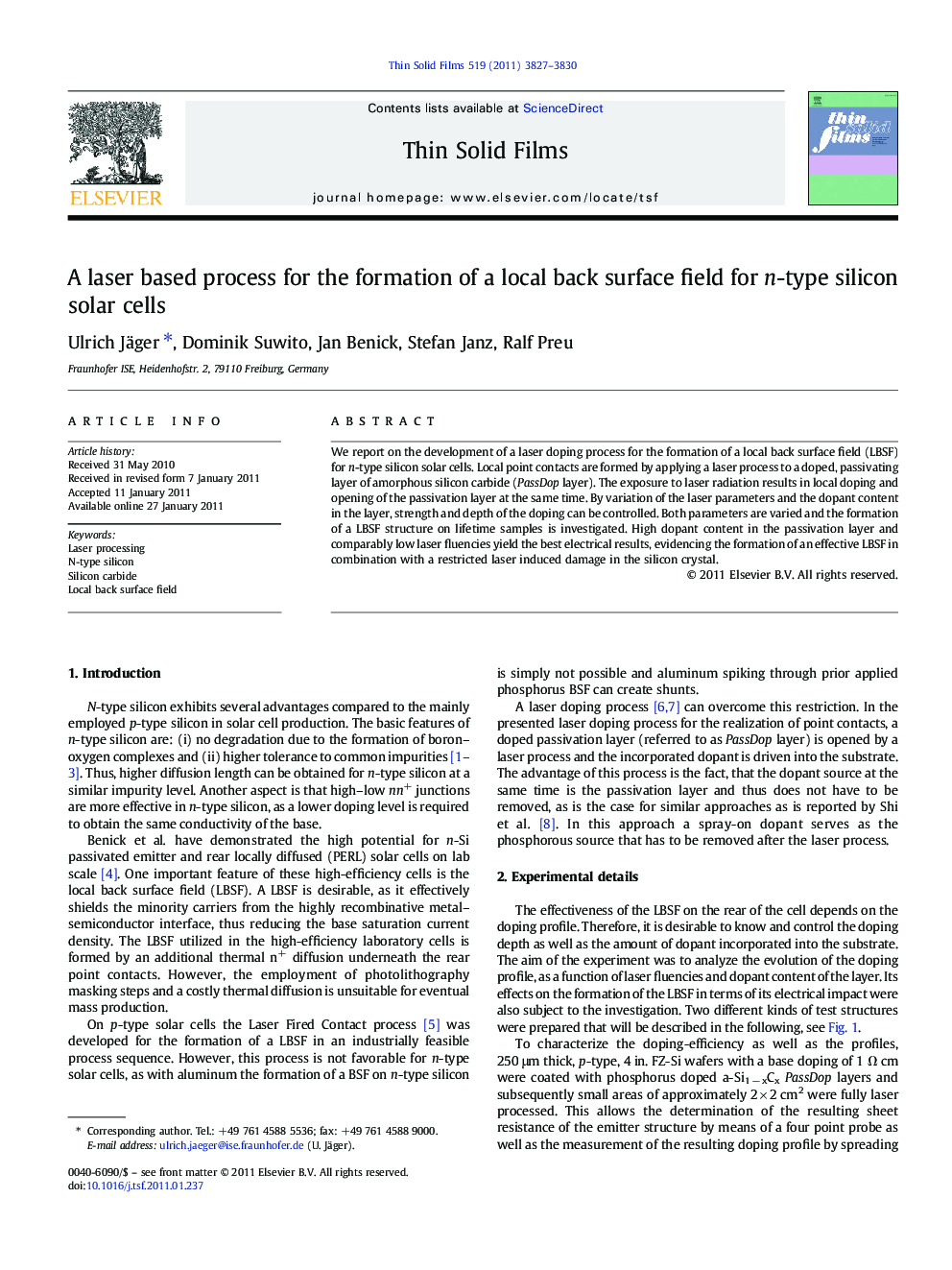 A laser based process for the formation of a local back surface field for n-type silicon solar cells