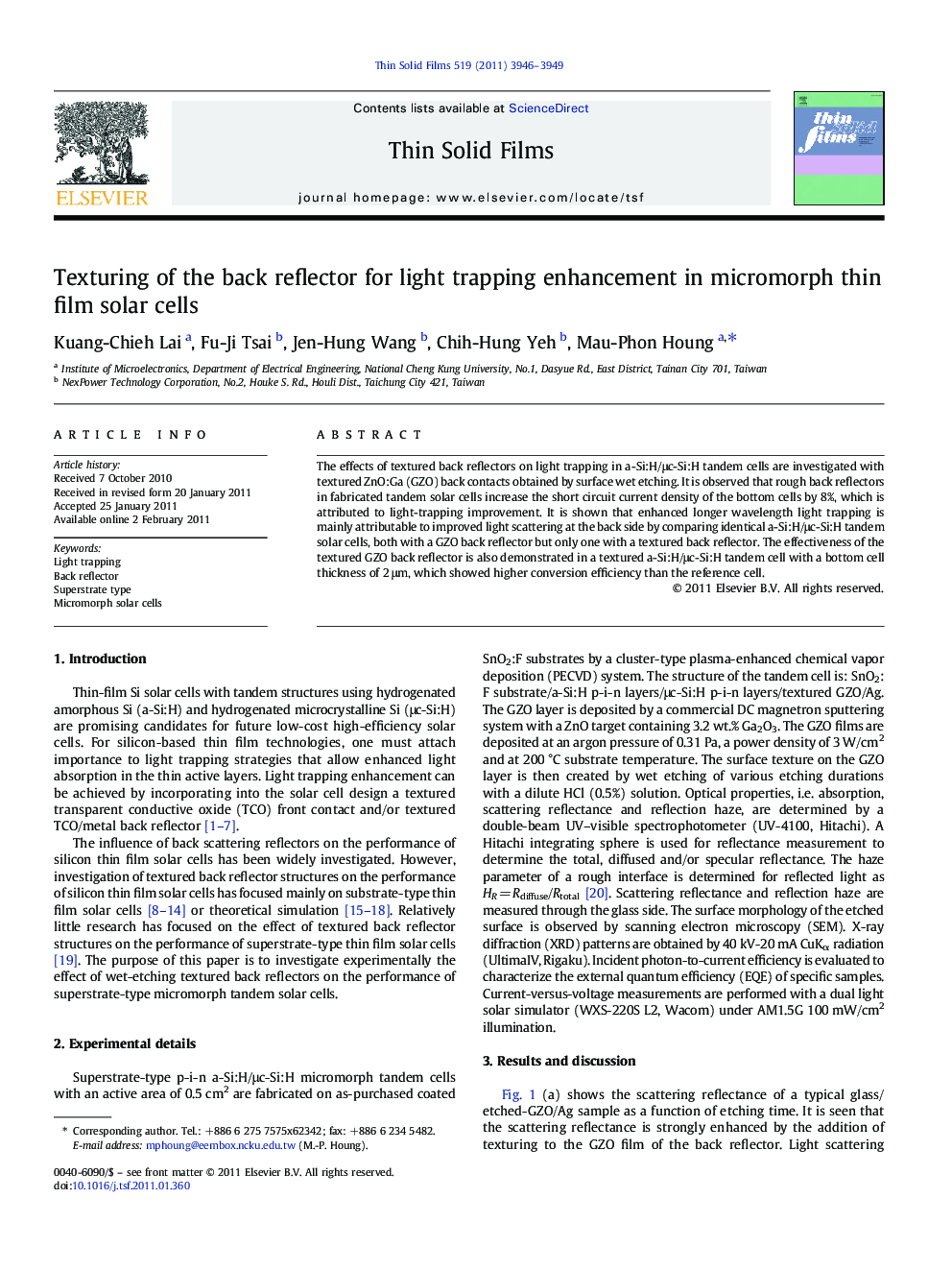 Texturing of the back reflector for light trapping enhancement in micromorph thin film solar cells