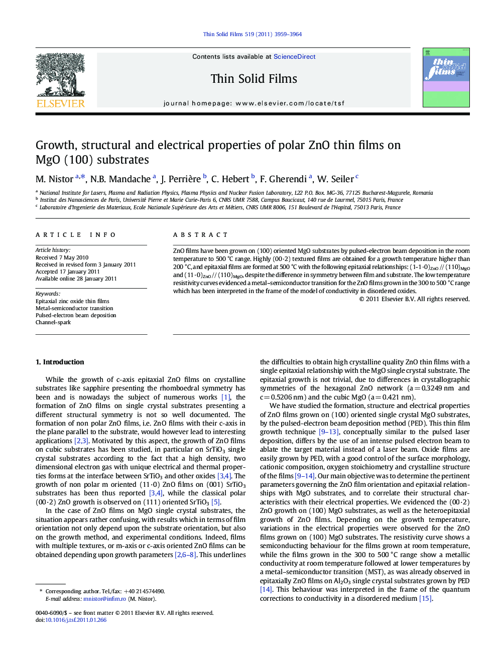 Growth, structural and electrical properties of polar ZnO thin films on MgO (100) substrates