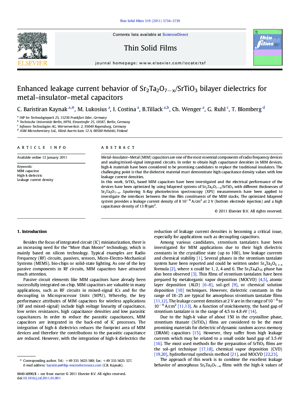 Enhanced leakage current behavior of Sr2Ta2O7−x/SrTiO3 bilayer dielectrics for metal–insulator–metal capacitors