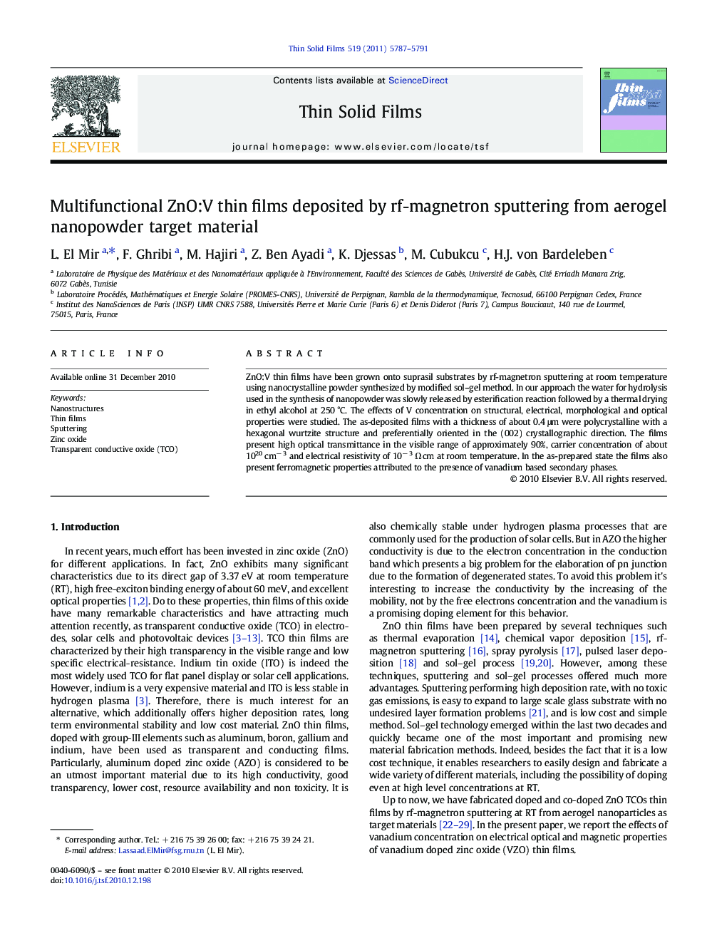 Multifunctional ZnO:V thin films deposited by rf-magnetron sputtering from aerogel nanopowder target material