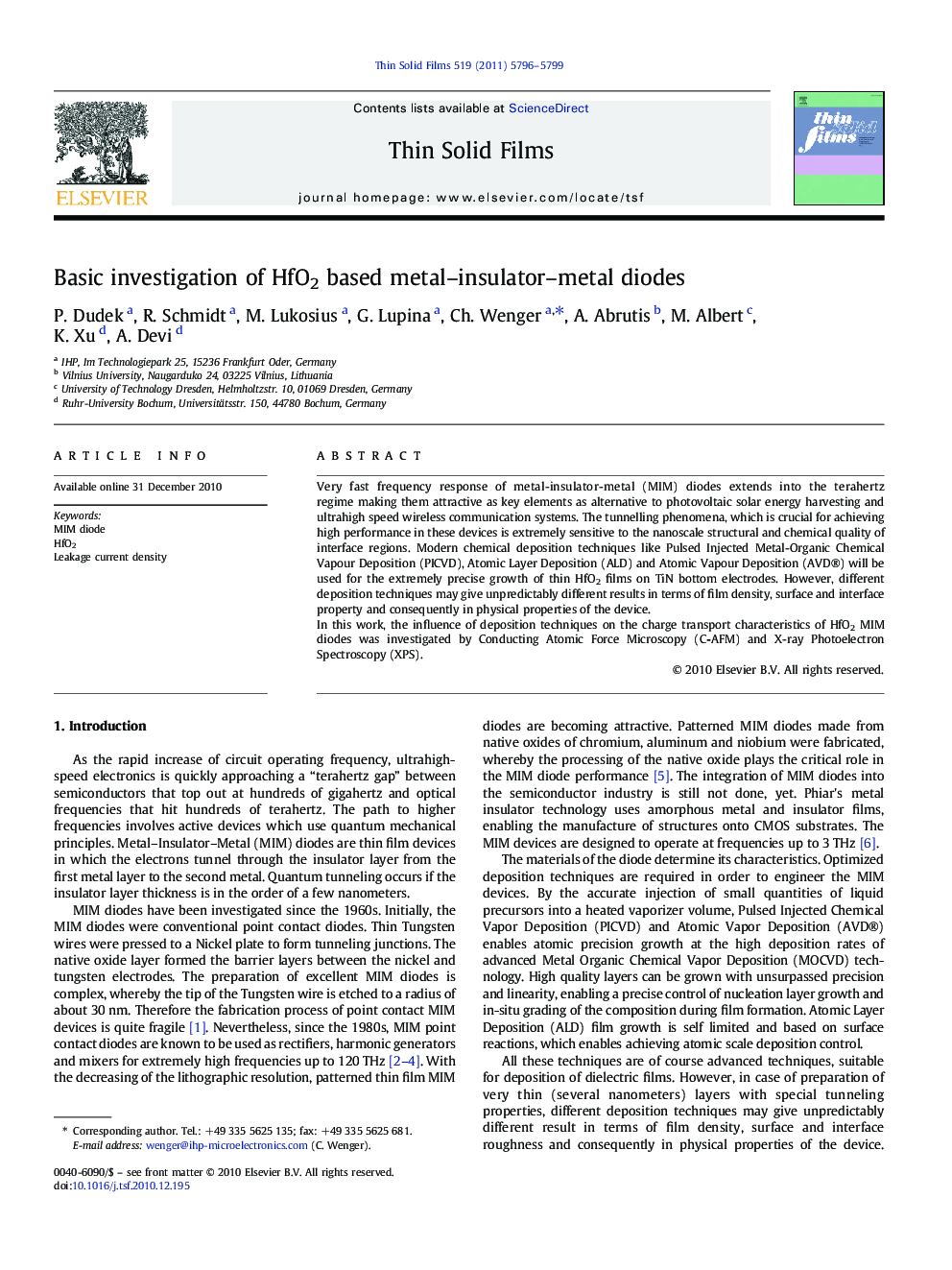 Basic investigation of HfO2 based metal–insulator–metal diodes