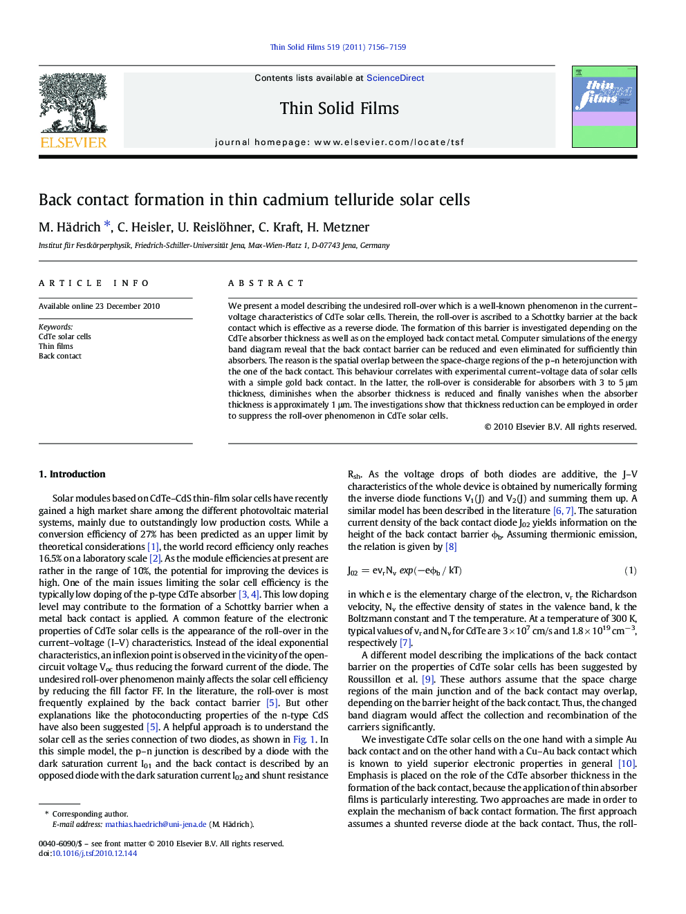 Back contact formation in thin cadmium telluride solar cells