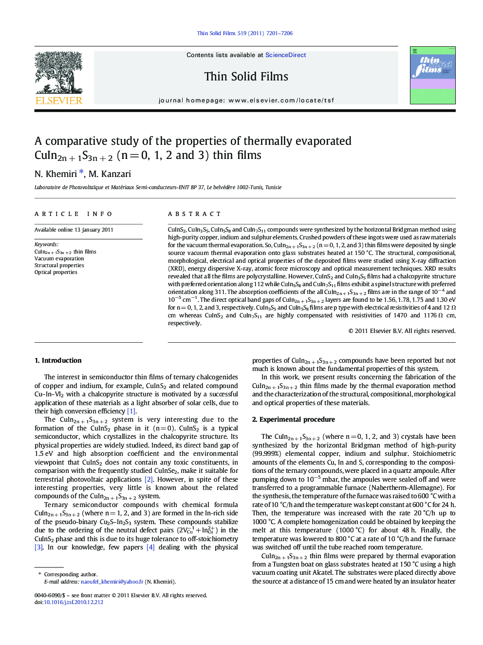 A comparative study of the properties of thermally evaporated CuIn2n + 1S3n + 2 (n = 0, 1, 2 and 3) thin films