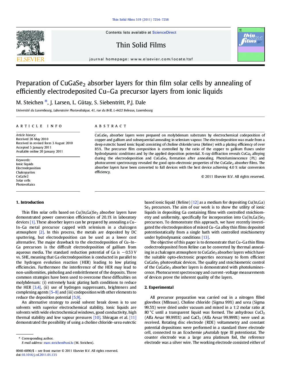 Preparation of CuGaSe2 absorber layers for thin film solar cells by annealing of efficiently electrodeposited Cu–Ga precursor layers from ionic liquids