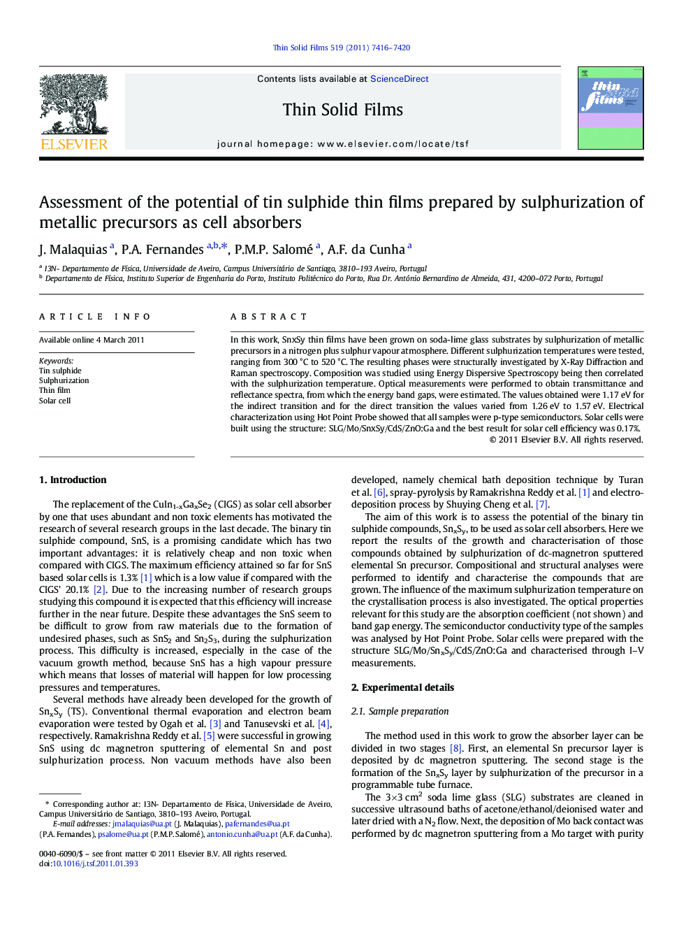 Assessment of the potential of tin sulphide thin films prepared by sulphurization of metallic precursors as cell absorbers