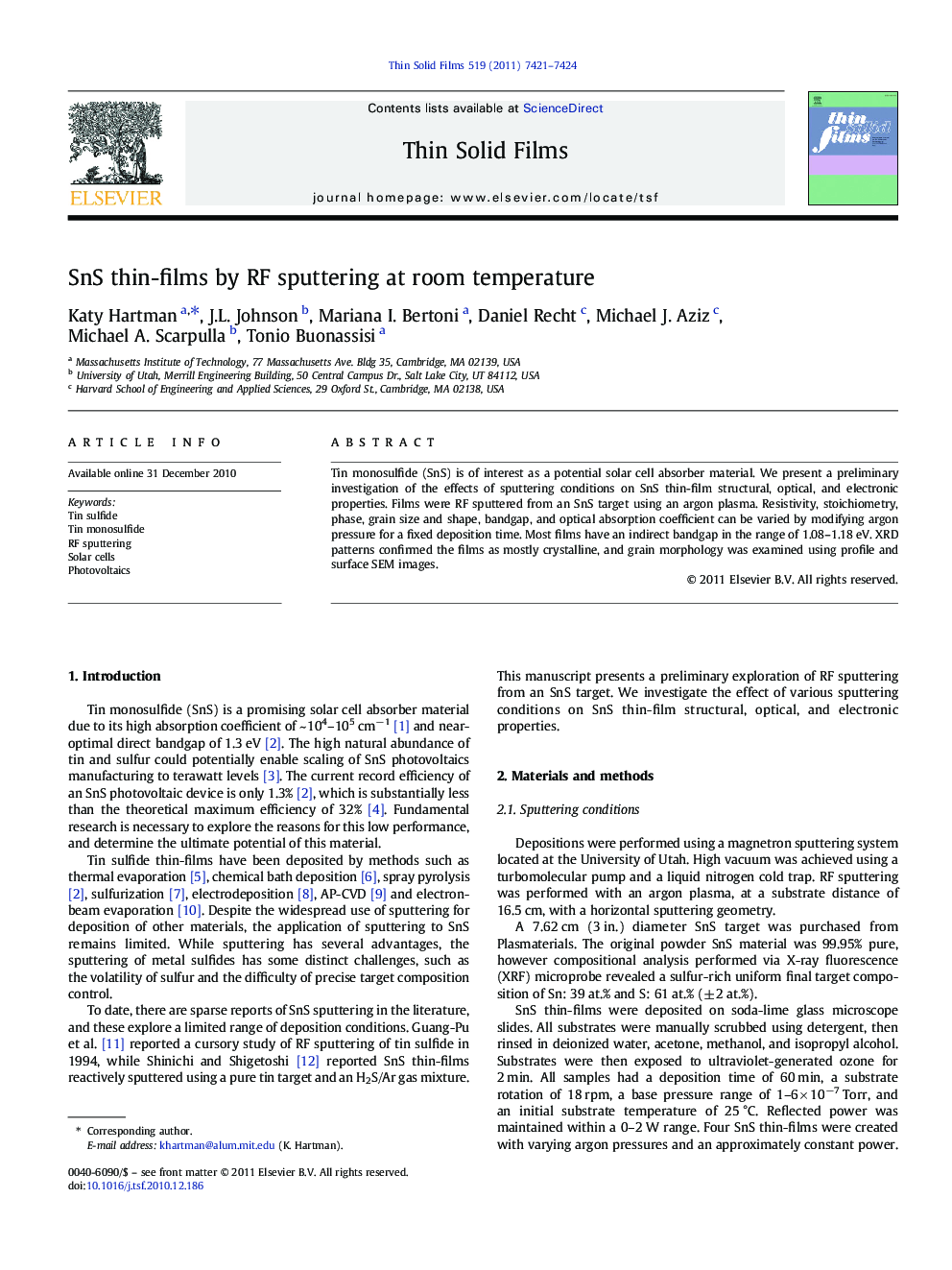 SnS thin-films by RF sputtering at room temperature