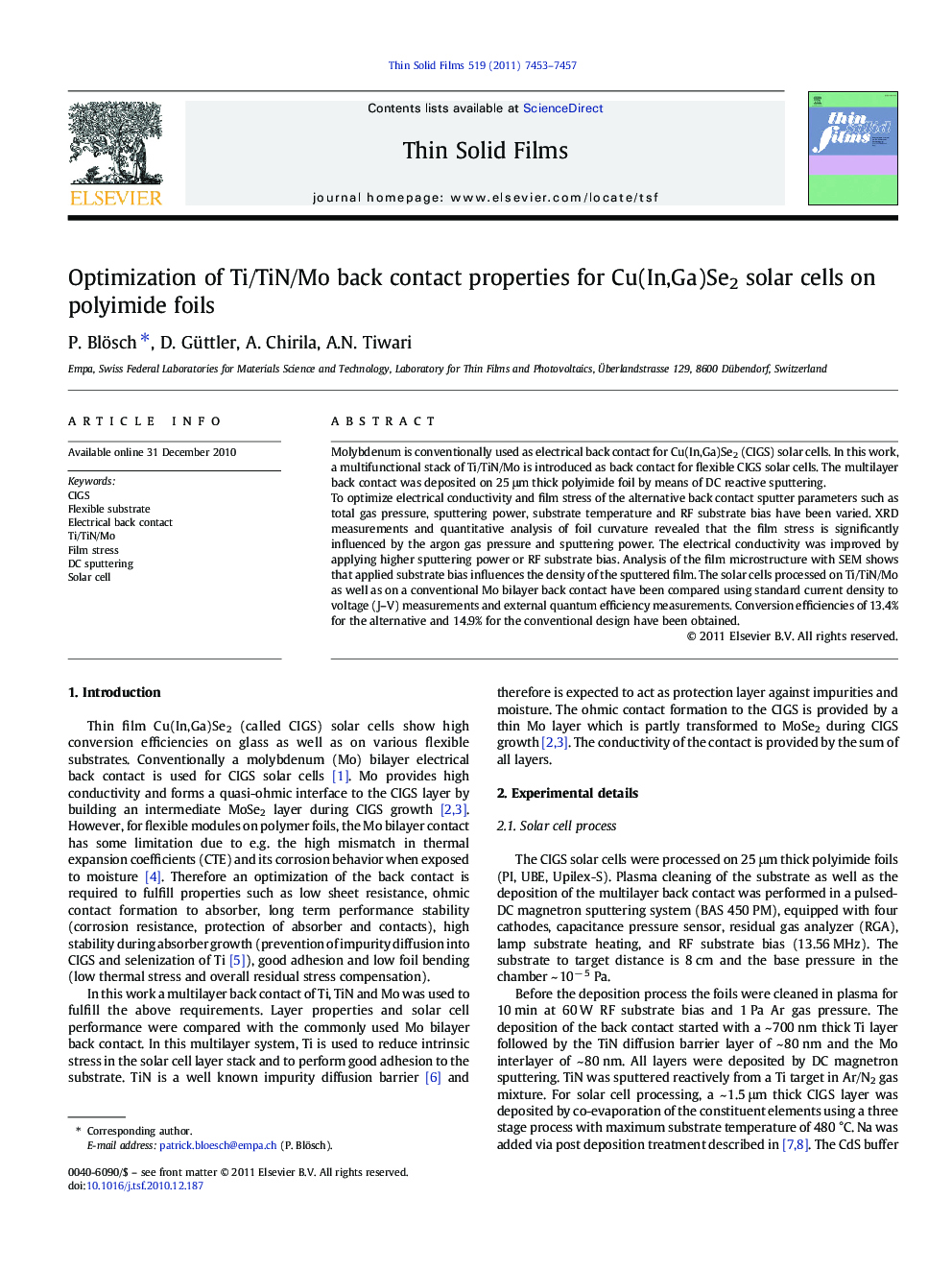 Optimization of Ti/TiN/Mo back contact properties for Cu(In,Ga)Se2 solar cells on polyimide foils