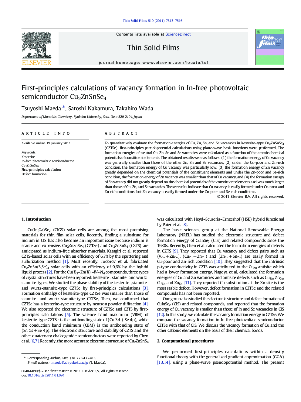 First-principles calculations of vacancy formation in In-free photovoltaic semiconductor Cu2ZnSnSe4