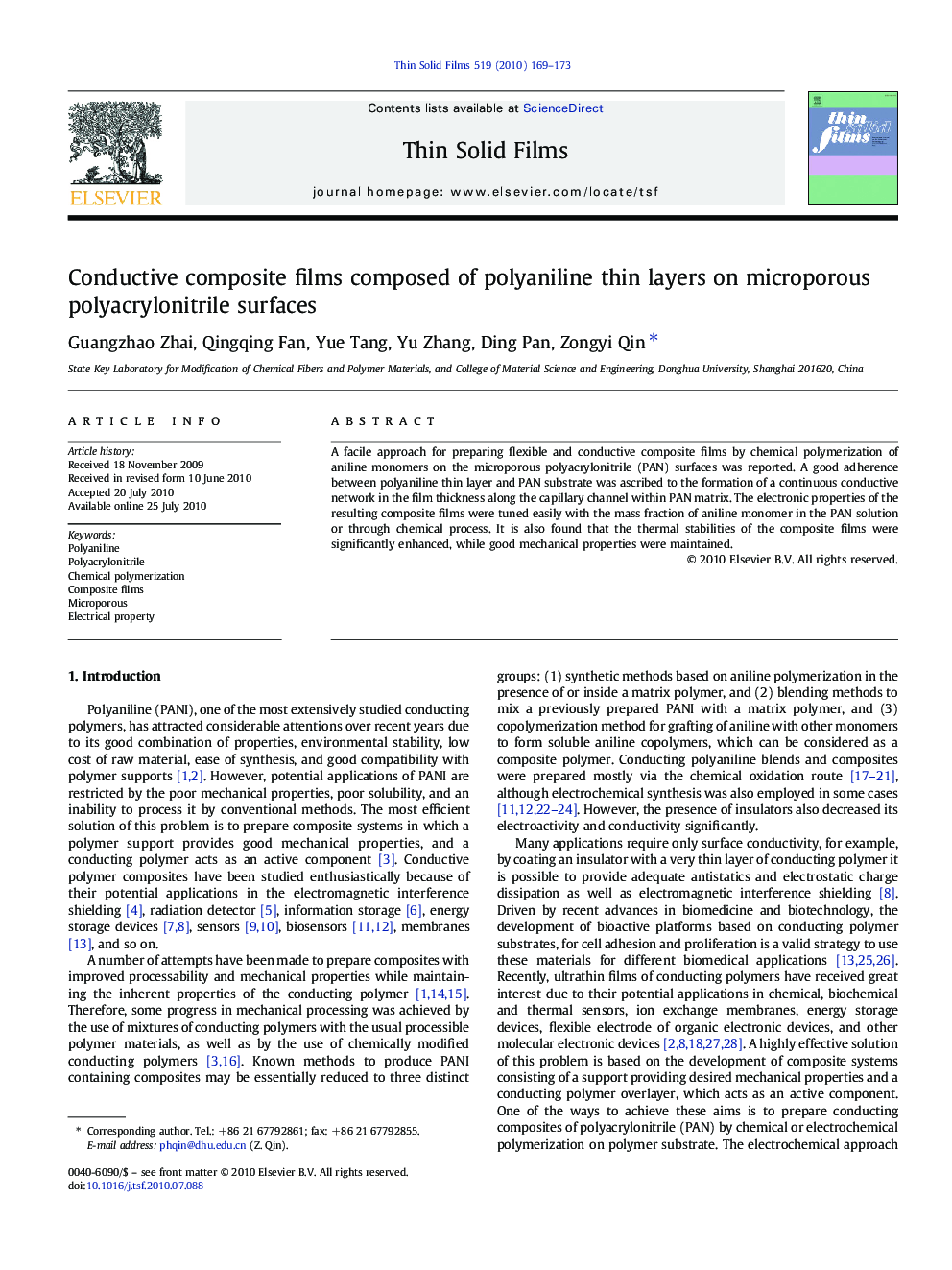 Conductive composite films composed of polyaniline thin layers on microporous polyacrylonitrile surfaces