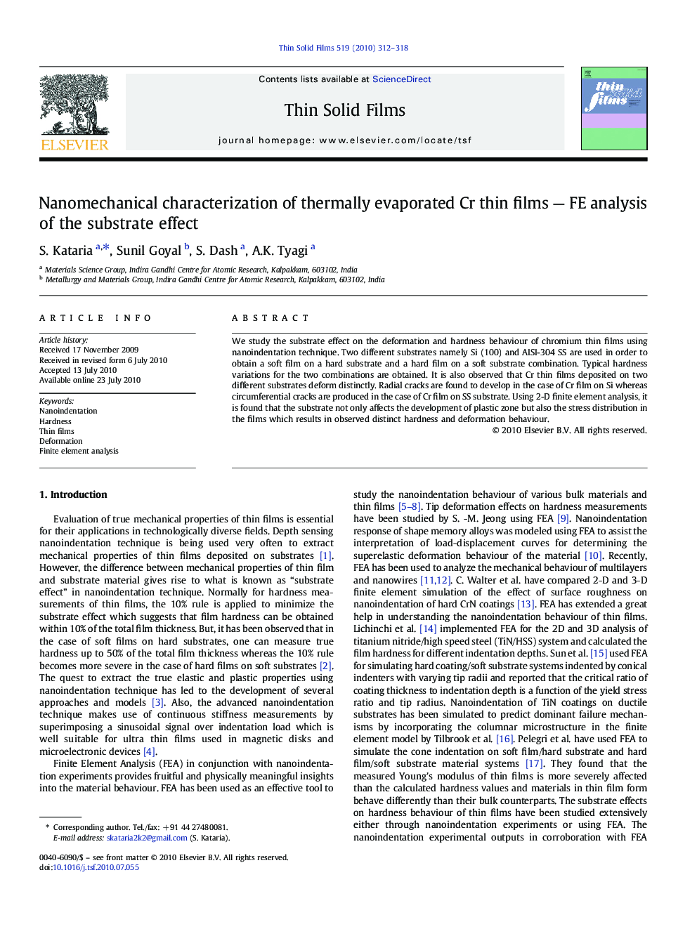 Nanomechanical characterization of thermally evaporated Cr thin films - FE analysis of the substrate effect