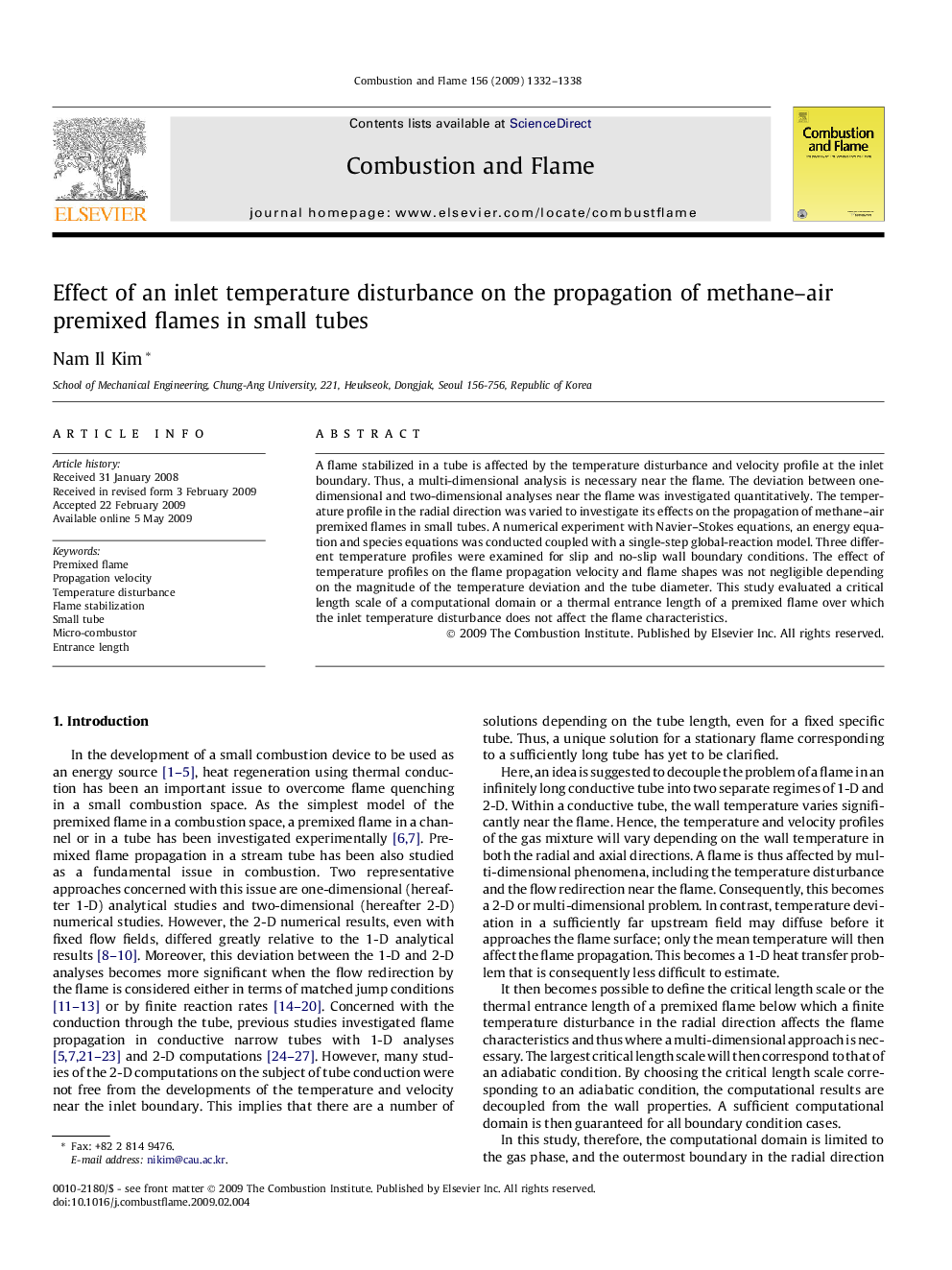 عکس صفحه اول مقاله: Effect of an inlet temperature disturbance on the propagation of methane–air premixed flames in small tubes Effect of an inlet temperature disturbance on the propagation of methane–air premixed flames in small tubes