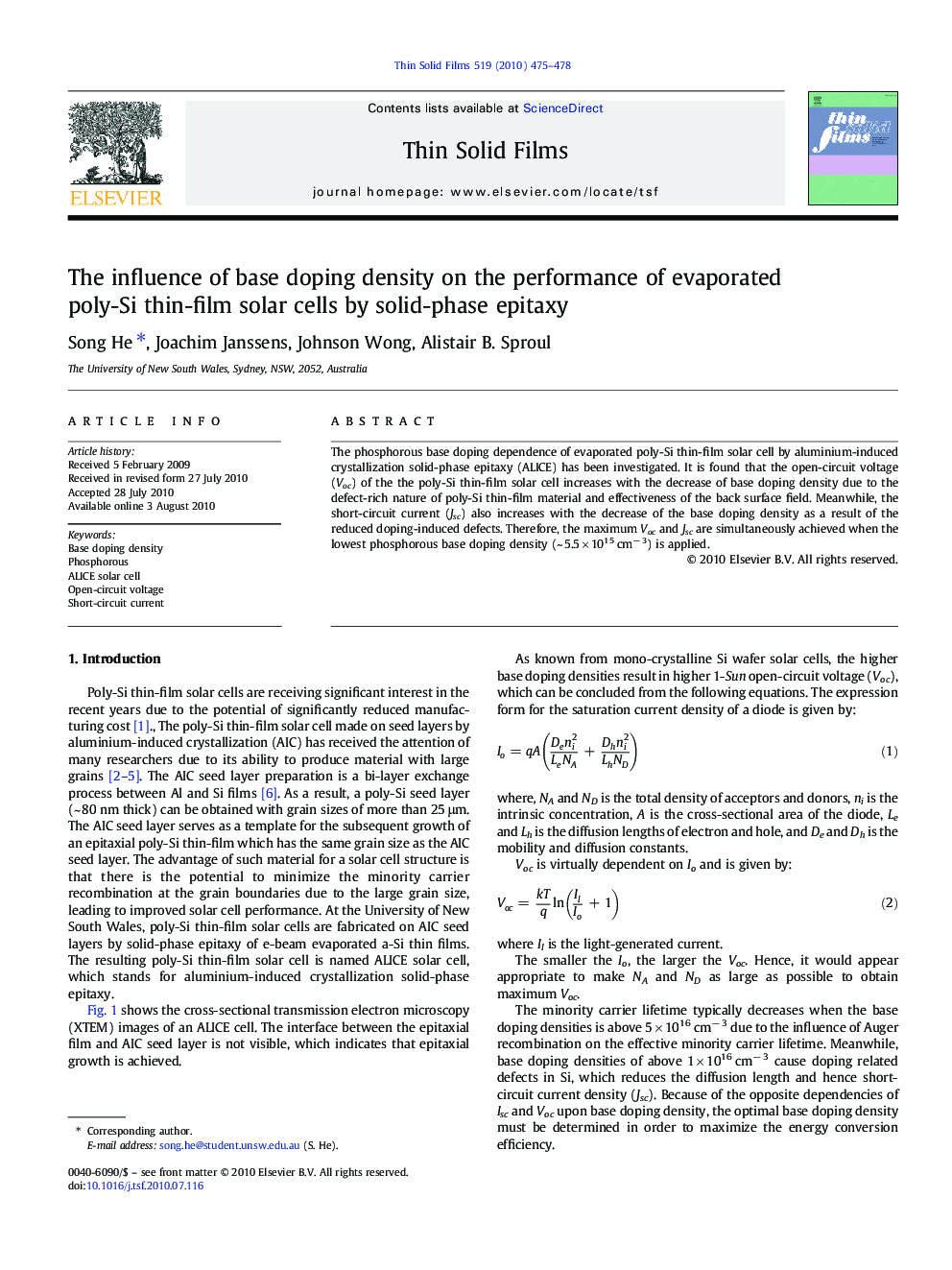 The influence of base doping density on the performance of evaporated poly-Si thin-film solar cells by solid-phase epitaxy