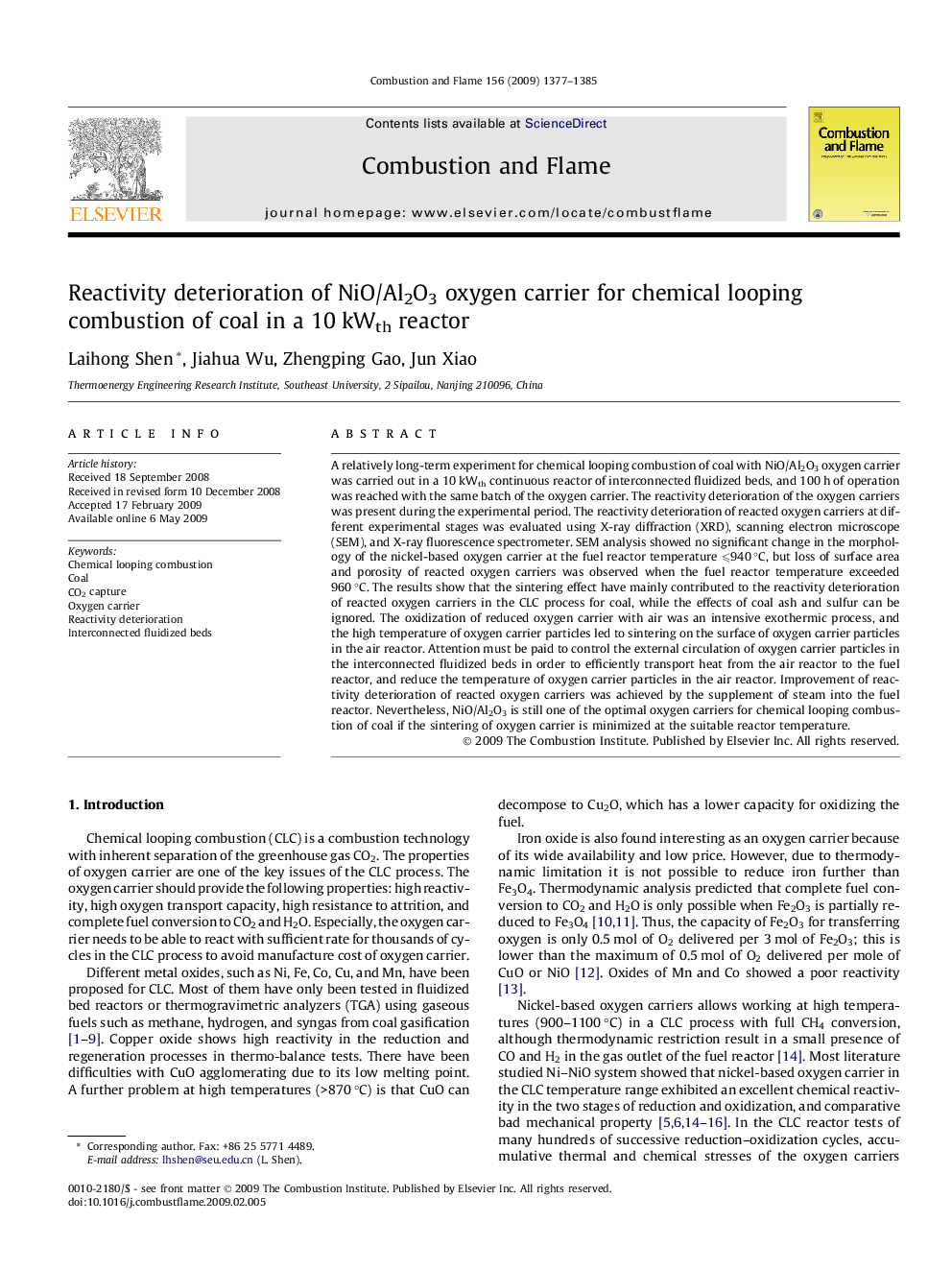 Reactivity deterioration of NiO/Al2O3 oxygen carrier for chemical looping combustion of coal in a 10 kWth reactor