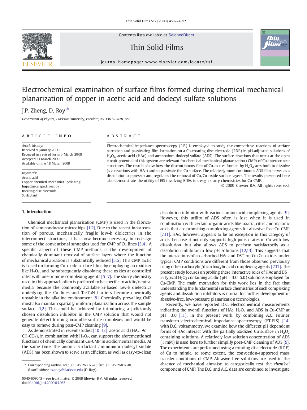 Electrochemical examination of surface films formed during chemical mechanical planarization of copper in acetic acid and dodecyl sulfate solutions