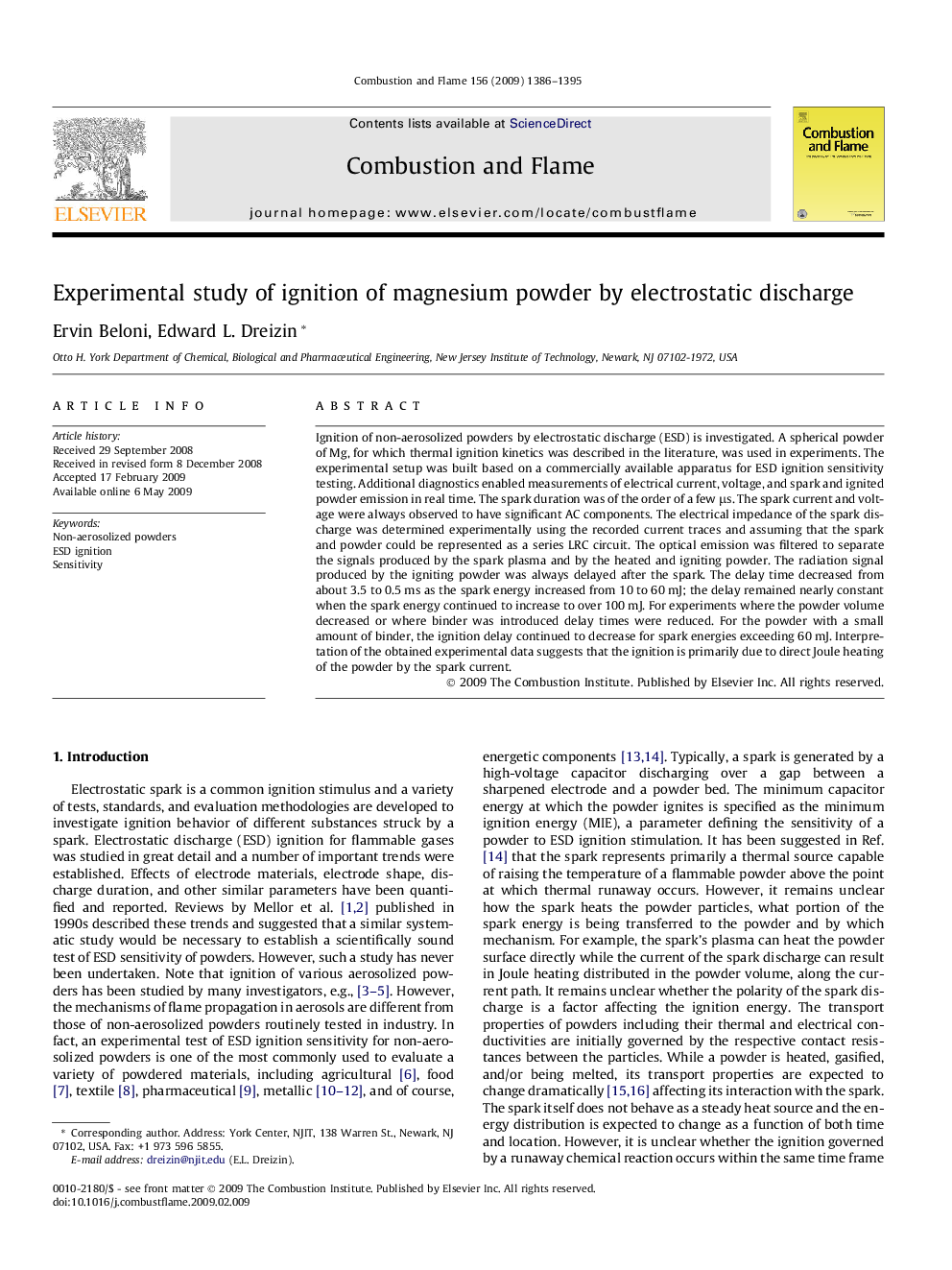 Experimental study of ignition of magnesium powder by electrostatic discharge