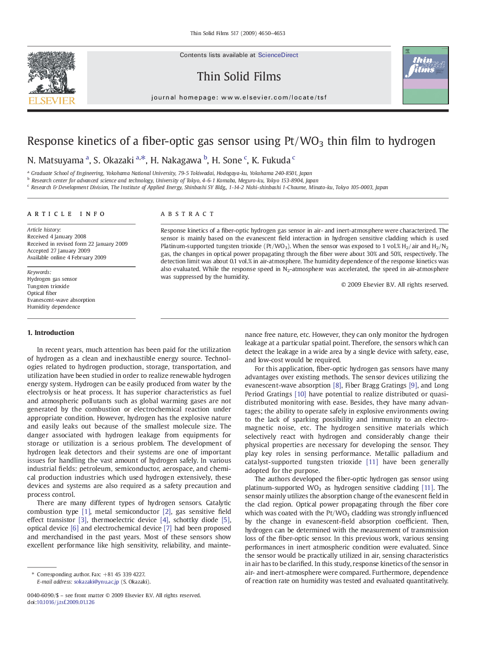 Response kinetics of a fiber-optic gas sensor using Pt/WO3 thin film to hydrogen