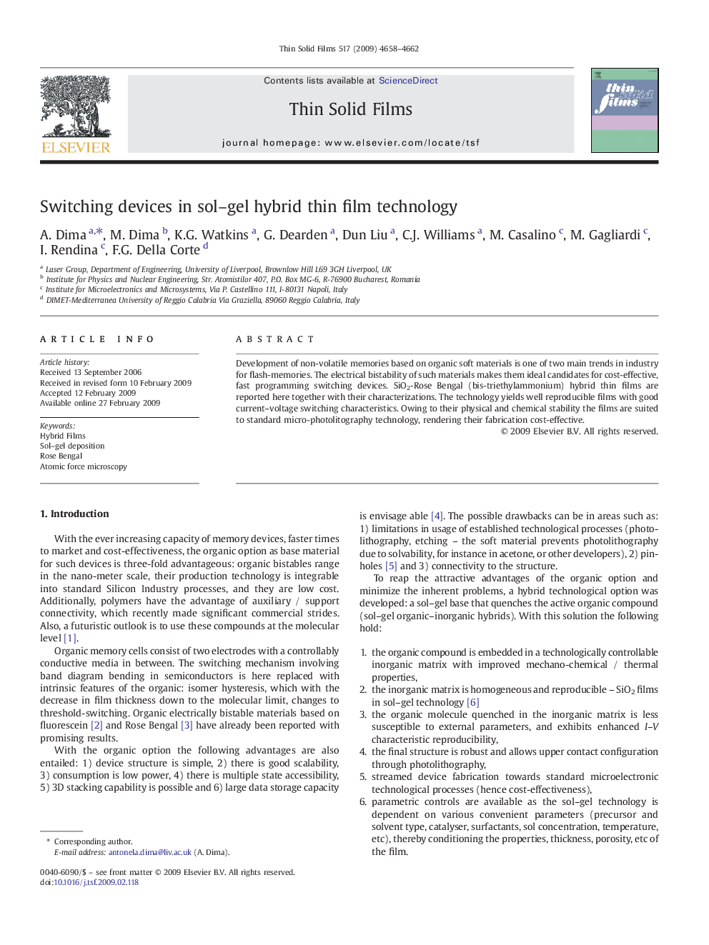 Switching devices in sol–gel hybrid thin film technology