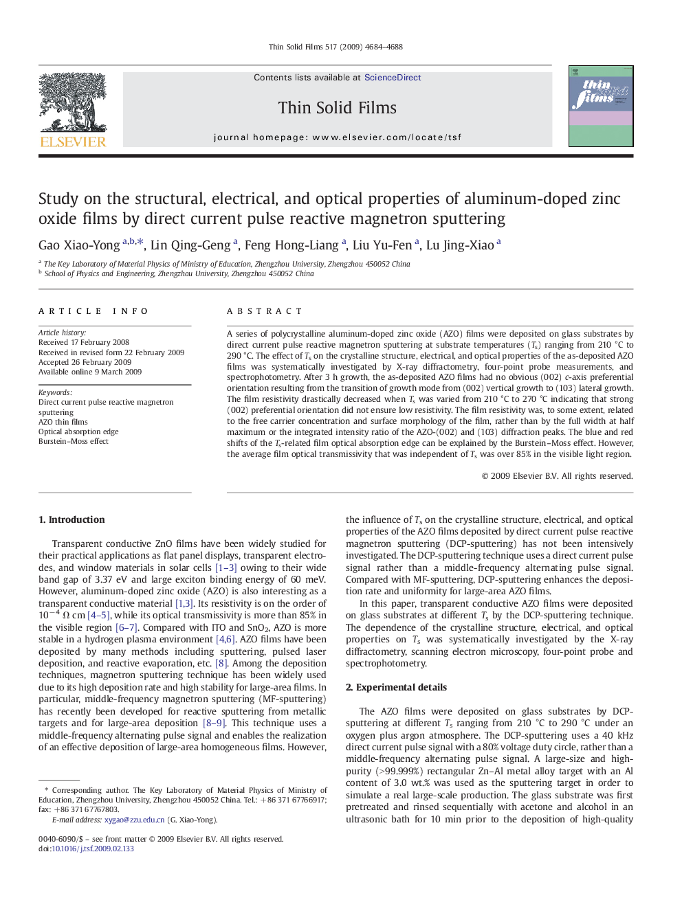 Study on the structural, electrical, and optical properties of aluminum-doped zinc oxide films by direct current pulse reactive magnetron sputtering