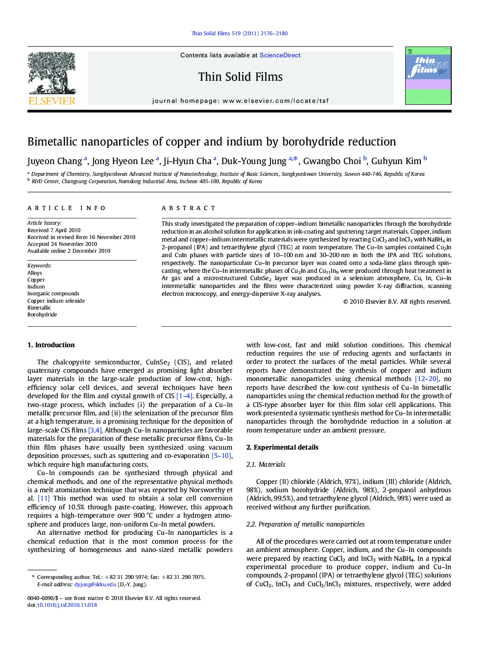 Bimetallic nanoparticles of copper and indium by borohydride reduction