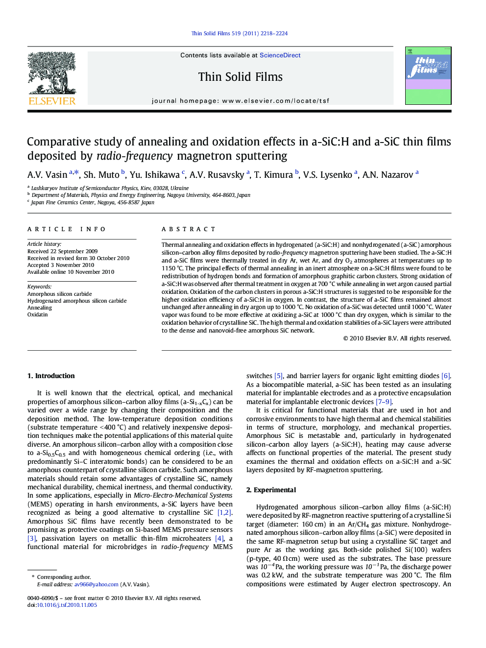Comparative study of annealing and oxidation effects in a-SiC:H and a-SiC thin films deposited by radio-frequency magnetron sputtering