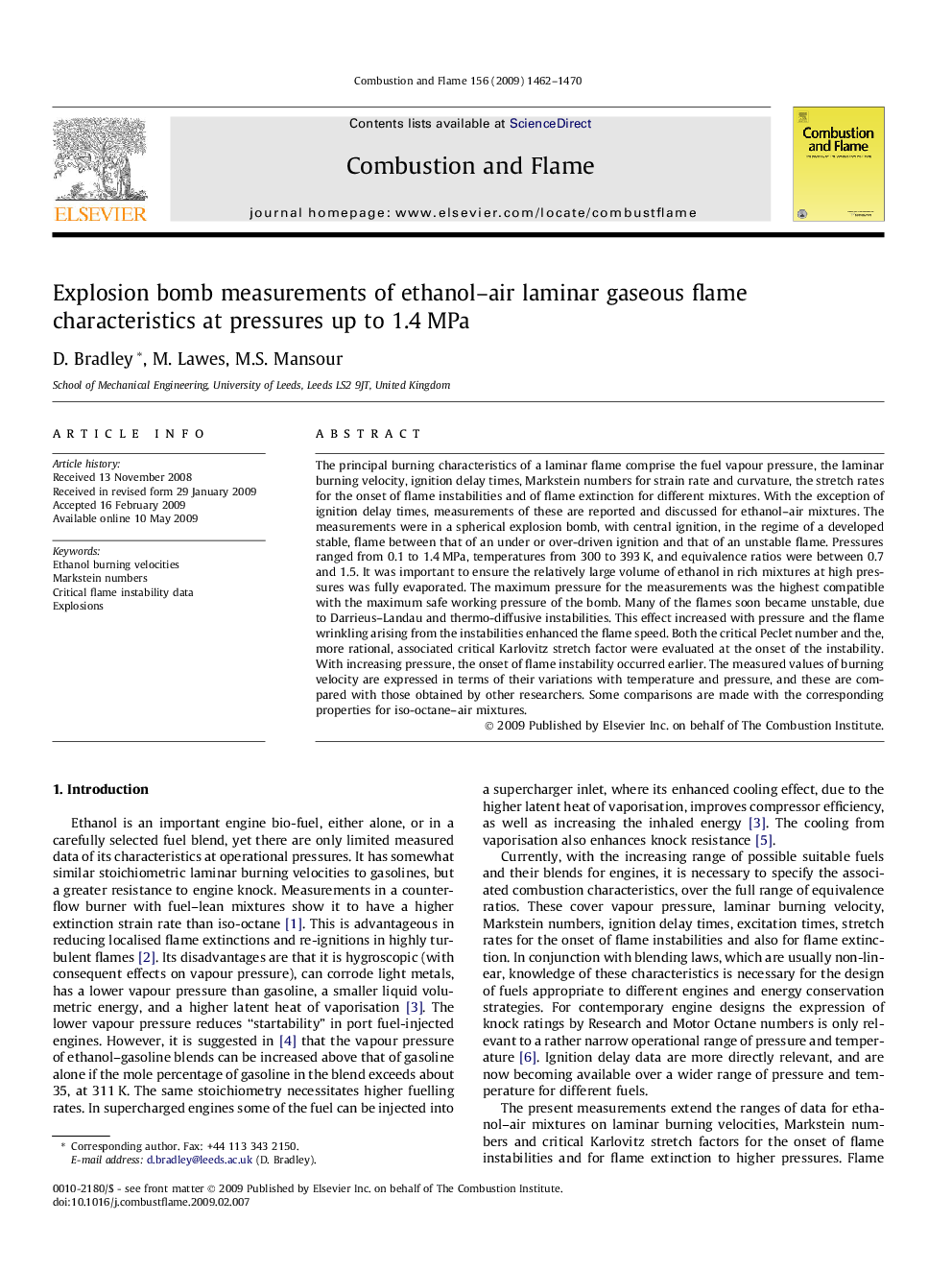 Explosion bomb measurements of ethanol–air laminar gaseous flame characteristics at pressures up to 1.4 MPa