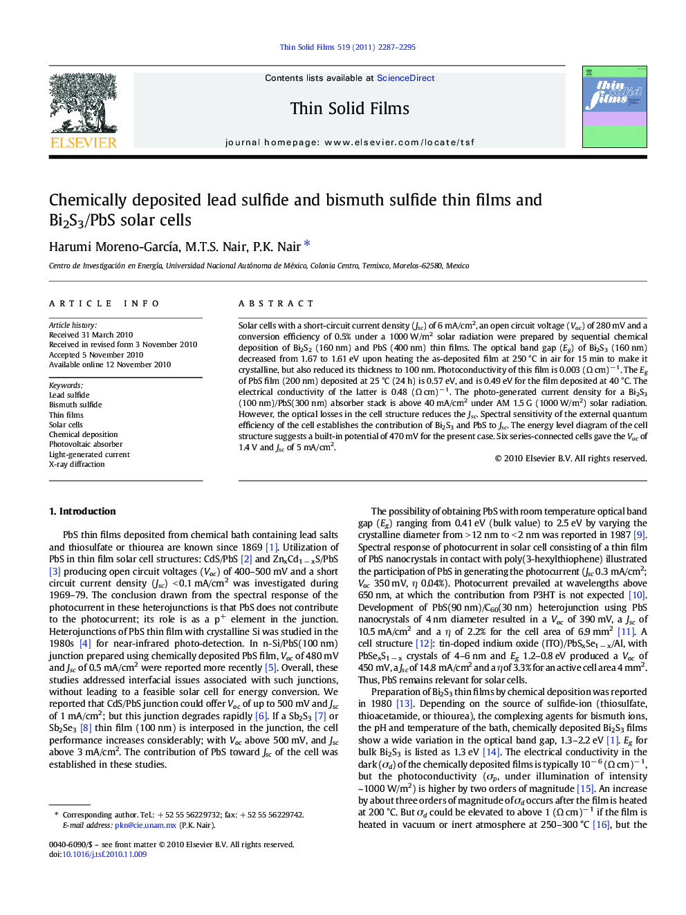 Chemically deposited lead sulfide and bismuth sulfide thin films and Bi2S3/PbS solar cells