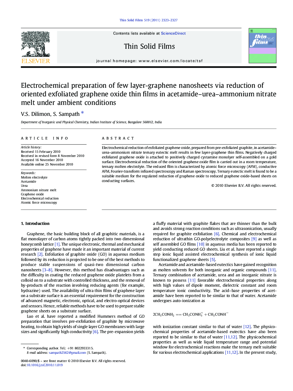 Electrochemical preparation of few layer-graphene nanosheets via reduction of oriented exfoliated graphene oxide thin films in acetamide–urea–ammonium nitrate melt under ambient conditions