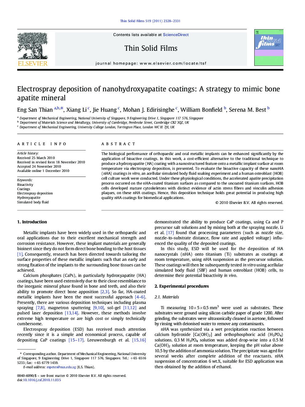 Electrospray deposition of nanohydroxyapatite coatings: A strategy to mimic bone apatite mineral