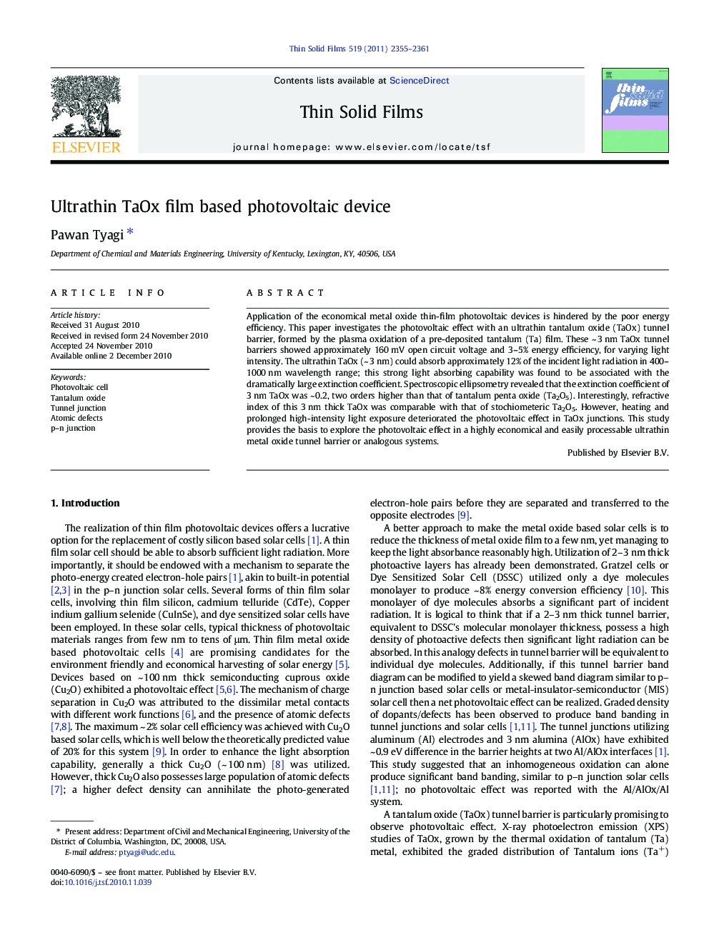 Ultrathin TaOx film based photovoltaic device