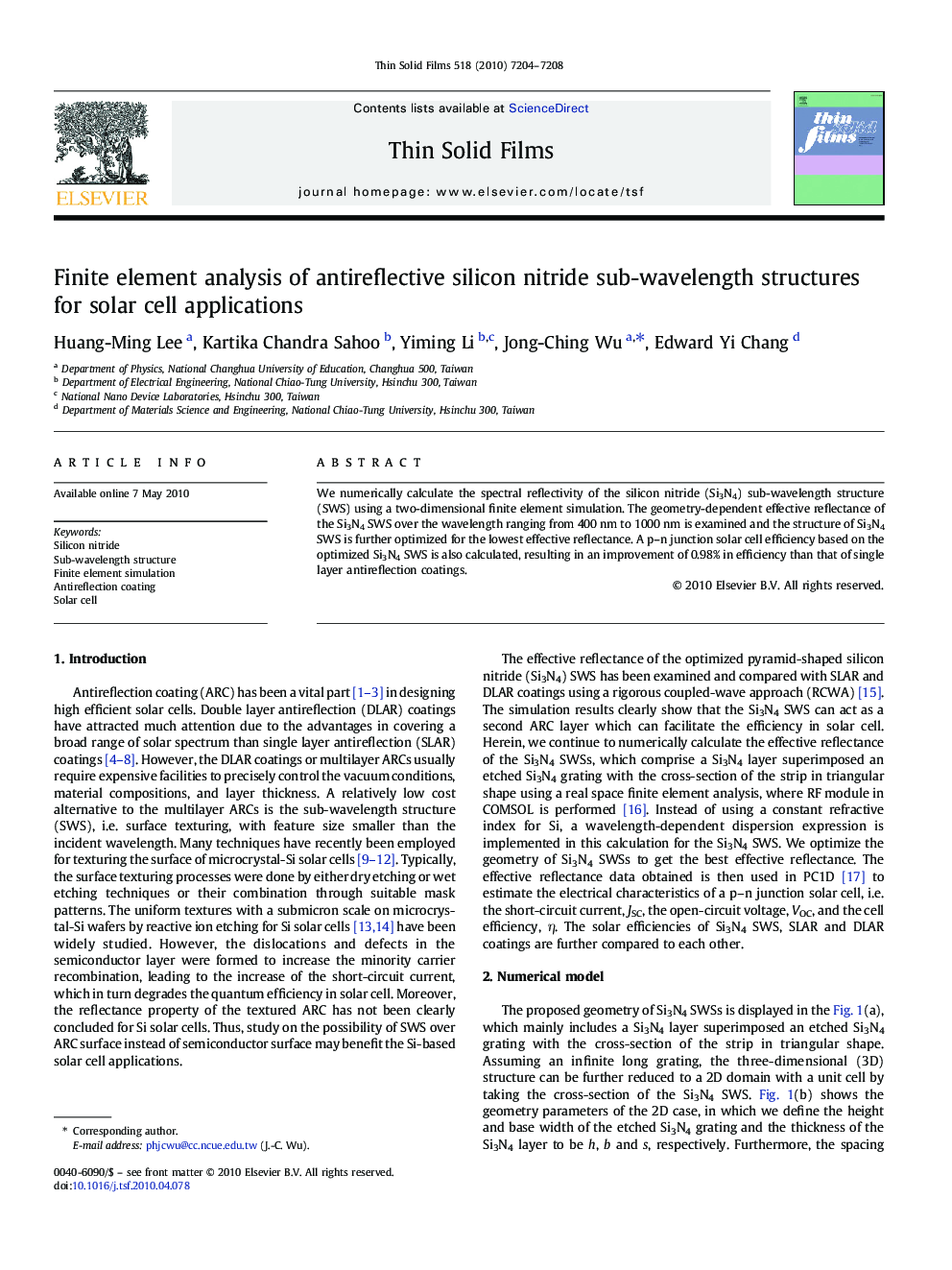 Finite element analysis of antireflective silicon nitride sub-wavelength structures for solar cell applications